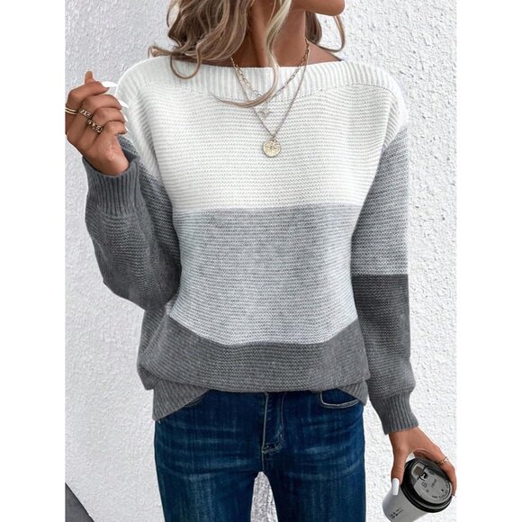 Women's Grey Long Sleeve Crew Neck Color Block Fall Fashion Pullover Sweaters - Picture 2 of 5